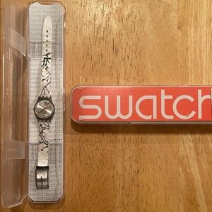 Vintage Swatch Wrist Watch White and Black Abstract Design